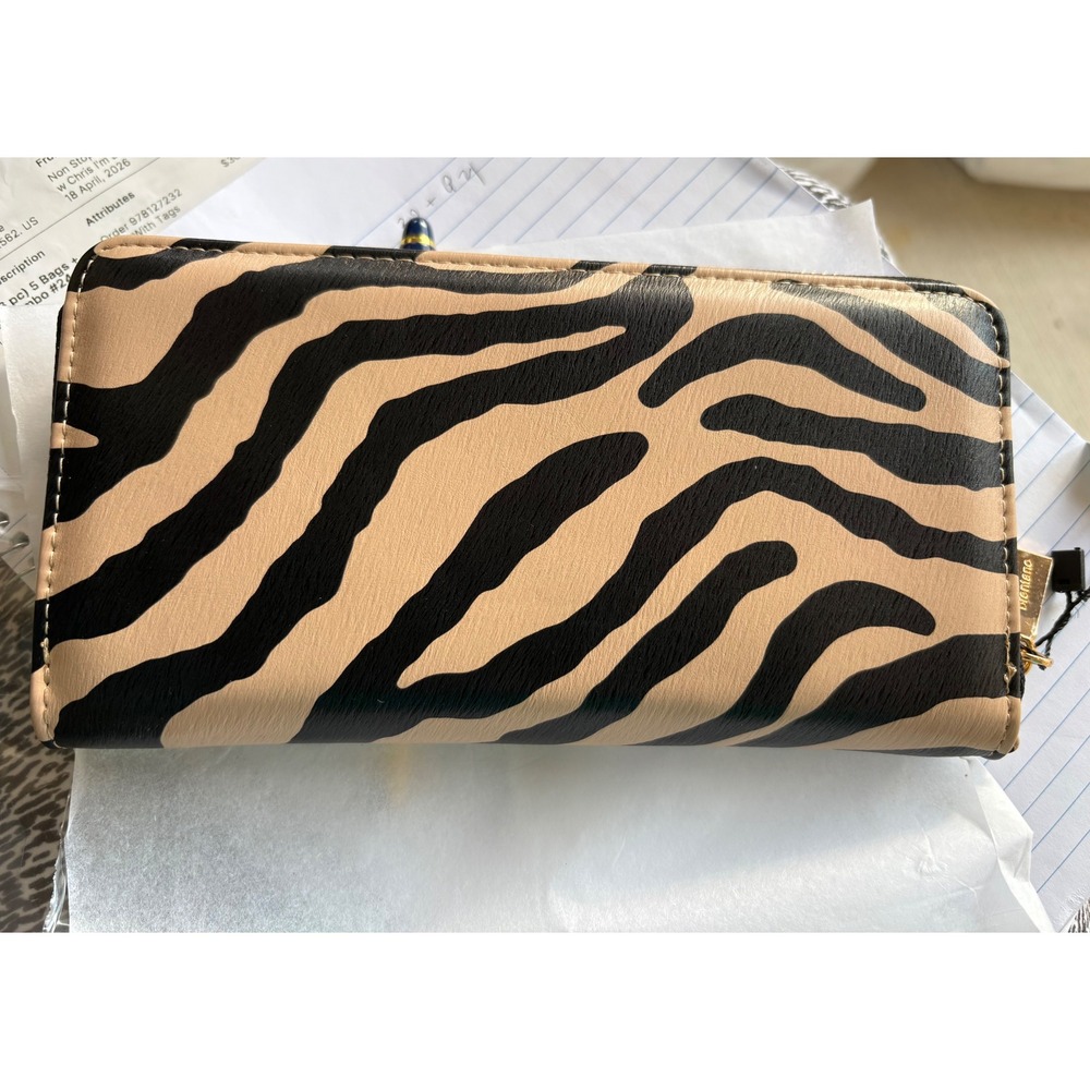 Brentano Zebra Taupe‎ Zip Around Wallet Animal Print Tan Black